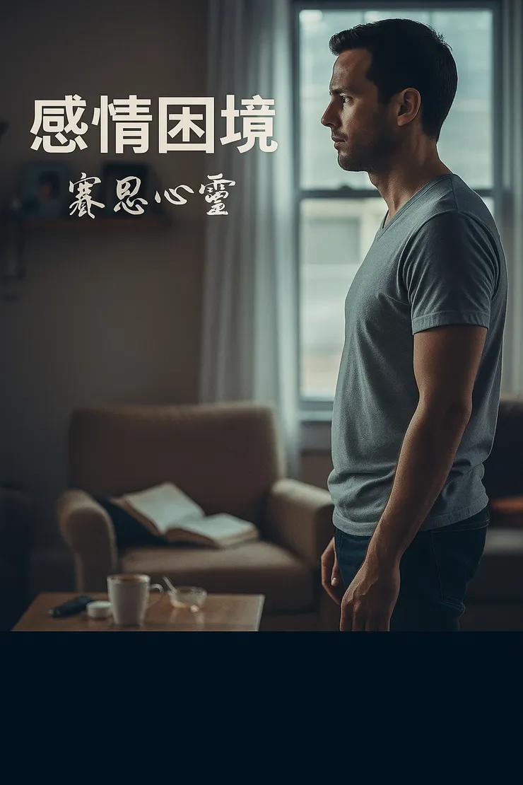 一名男子在窗邊沉思，表情透露出對感情與婚姻困境的迷茫與掙扎，象徵尋求愛情解方的心境。