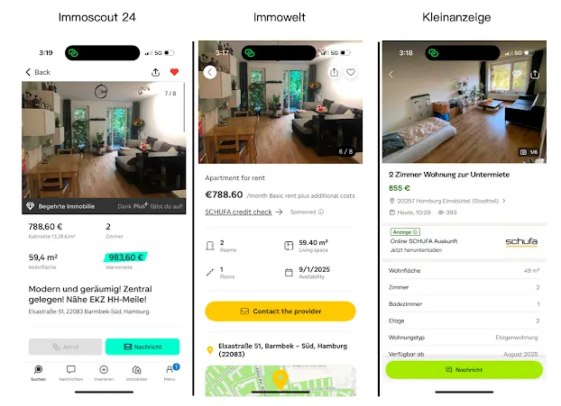 左邊這兩個一樣的房源，Immowelt在app裡的顯示清晰了然太多了，不用往下滑才能看到想要的資訊。第三個是Kleinanzeige的介面，都比Immoscout24好。