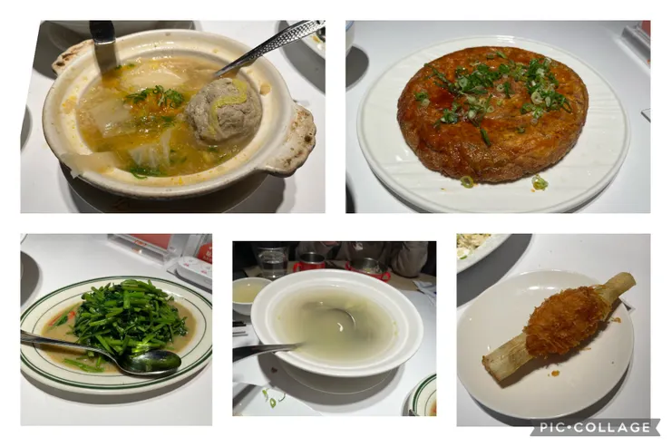 左上上湯獅子頭、右上菜脯蛋,左下乳酪空心菜、中蛤蜊湯、右只拍到一支的甘蔗蝦。