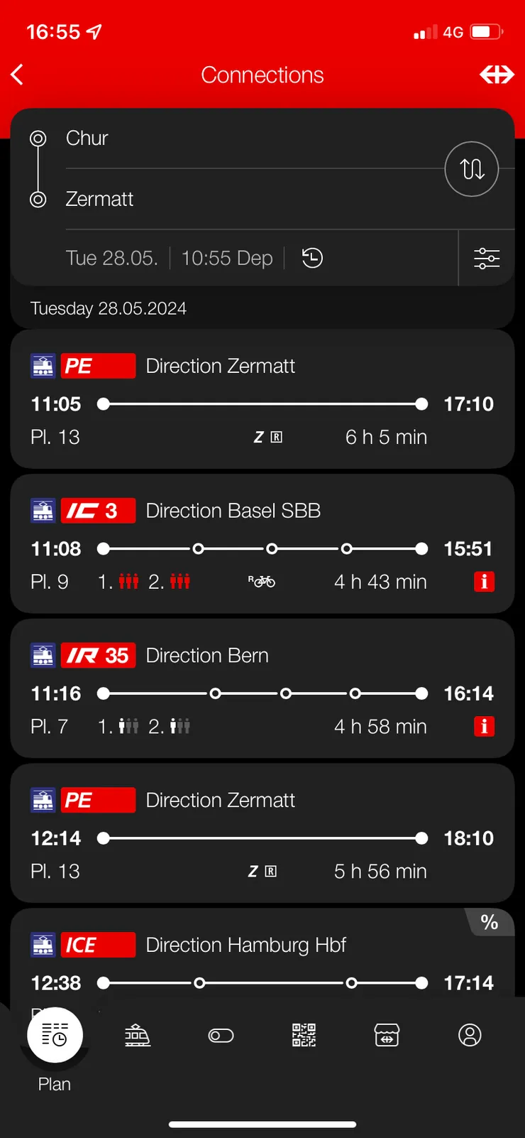 第一班列車為直達的冰河列車，其他為需要轉乘的一般國鐵列車