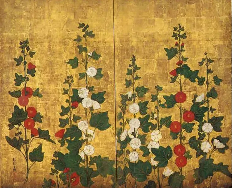 孔雀立葵図屏風/資料來源:ネット美術館「アートまとめん」