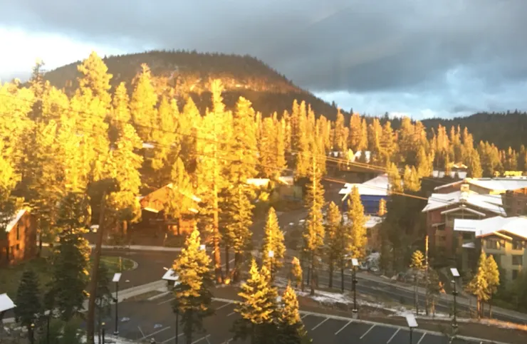 清晨陽光灑下，閃閃發亮的楊樹加上屋頂上尚未融化的雪景。