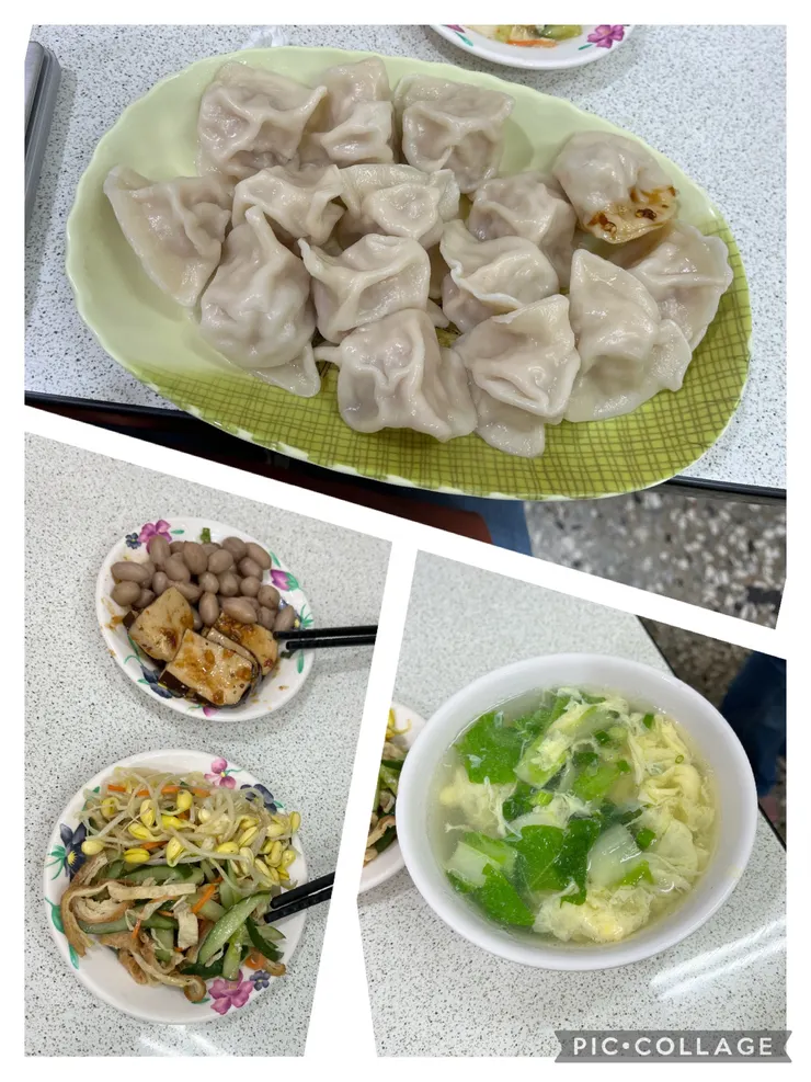 高麗菜水餃15顆、小菜、青菜蛋花湯。