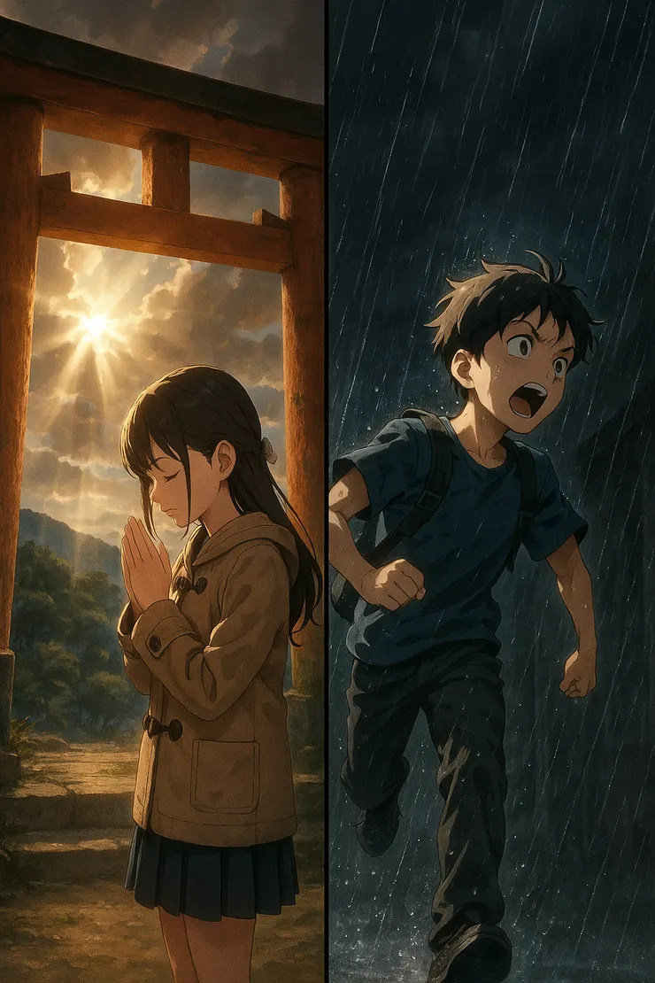 她的祈禱撕開雲縫，他的奔跑逆著雨聲。光降臨的同時，代價也被天空盤點。