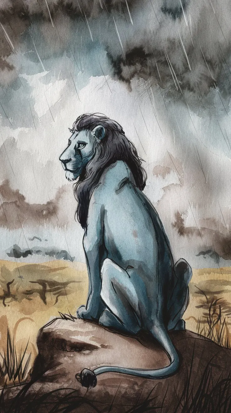 A melancholic watercolor painting of a blue lion sitting on a rock overlooking a rainy savanna