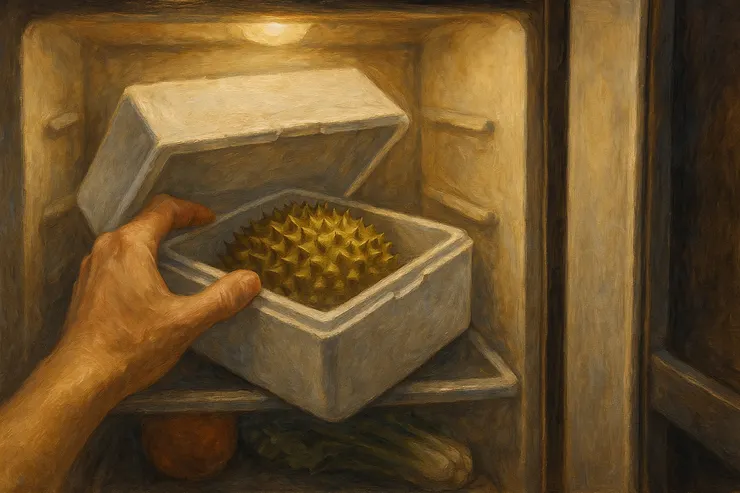 梁练伟将装着榴莲的盒子打开让整个冰箱瀰漫着榴莲味