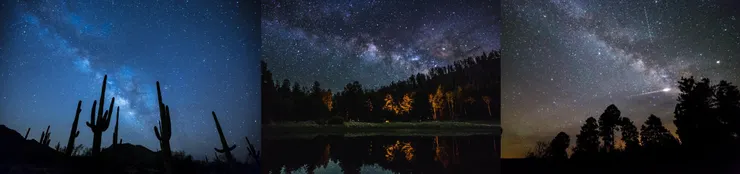 組圖(左起)：巨人柱仙人掌國家公園、旗桿鎮、凱巴布國家森林擁有絕佳觀星品質。圖／亞利桑那旅遊局