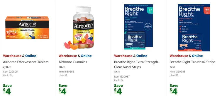 草莓口味增強免疫力速溶片 $15.99、增強免疫力軟糖 $20.99、緩解鼻塞貼片 $18.99。