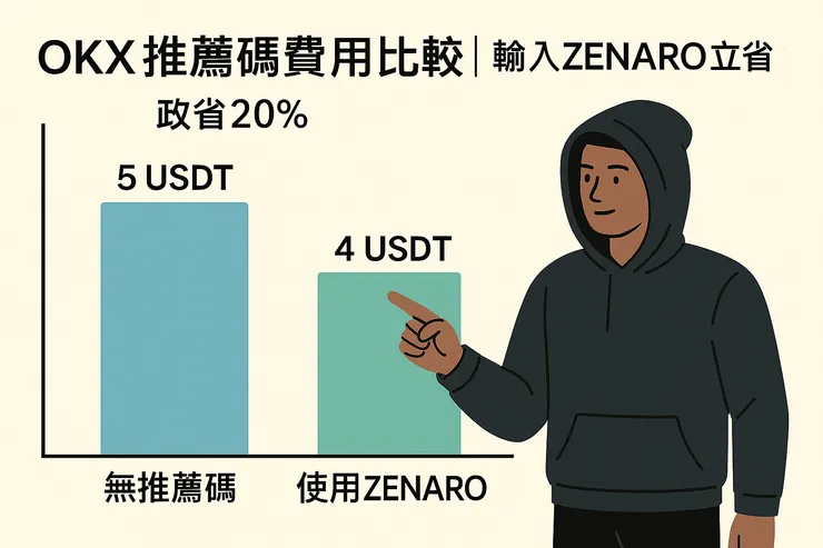 OKX推薦碼費用對比圖：填入ZENARO每筆交易最多可省下20%