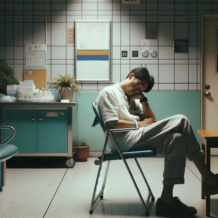 一位爸爸靜靜地坐在醫院待產室內的椅上。他看起來稍顯疲憊，眼睛閉著，似乎在抓緊短暫的休息時刻。