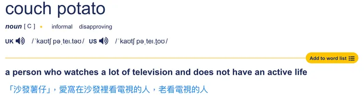 couch potato（來源：劍橋辭典）