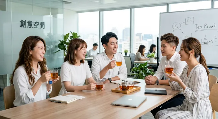 穿著清新的白領上班族們，在下午的會議室愉快地討論。(圖片 : AI生成圖)