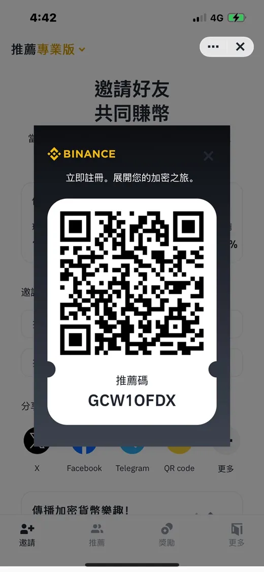 歡迎使用我的推薦碼『GCW1OFDX』，免費註冊​幣安交易所