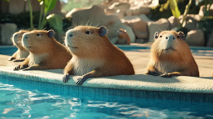 一群望著泳池內比基尼美女的水豚君