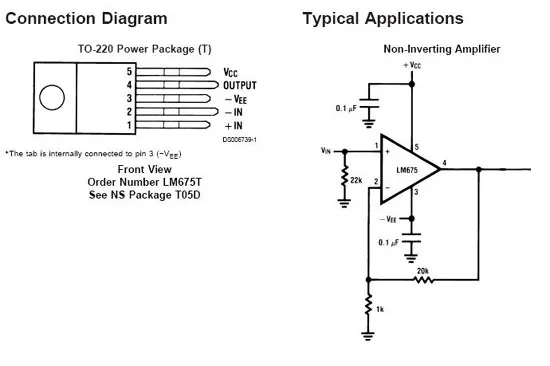 LM675 線路及腳位圖,與 SK3875 不同處是沒有迴授電容,為無迴授電容放大電路