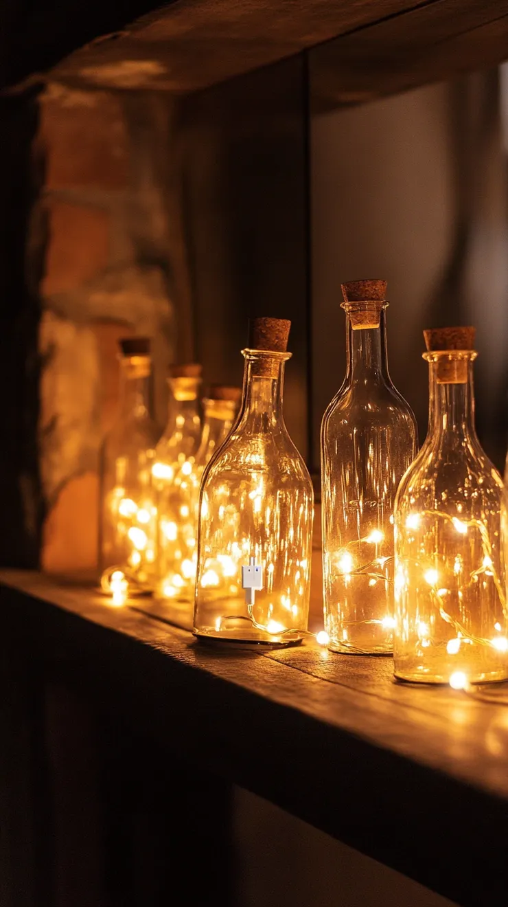 Clear glass bottles with warm white fairy lights inside, cork stoppers with battery packs hidden.  Bottles are arranged on a mantelpiece or shelf, casting a soft, warm glow