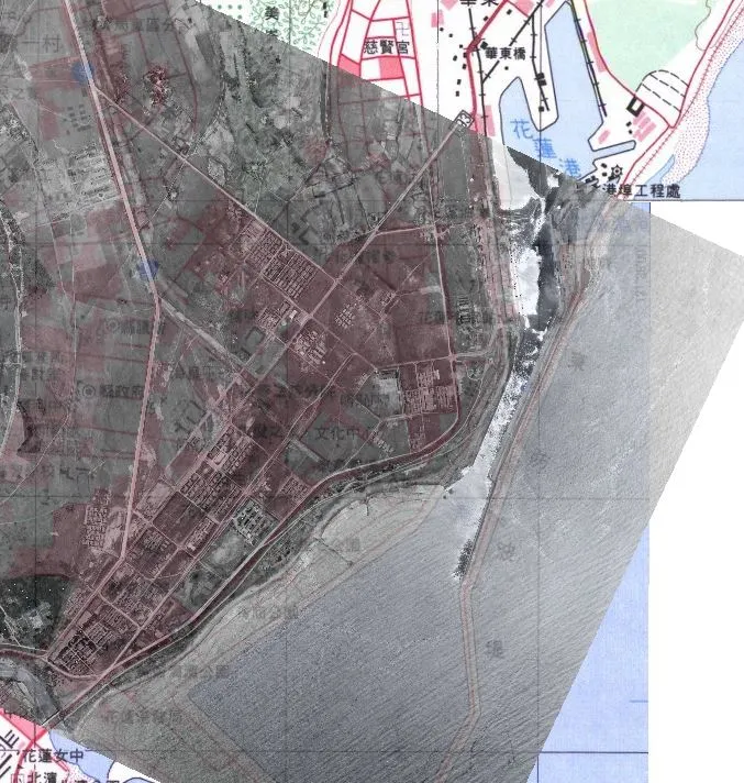 1940年開始進行的二期工程受到戰爭影響，完成度並不高圖為1945年美軍航照，底圖為1999年第三版經建版地圖資料來源：中研院台灣百年歷史地圖
