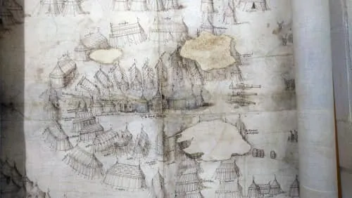 營地中央是國王和重要官員的帳篷,糕點帳篷在左邊,你看到了嗎?,圖片來源:Medieval manuscripts blog /Cotton Roll XIII 41