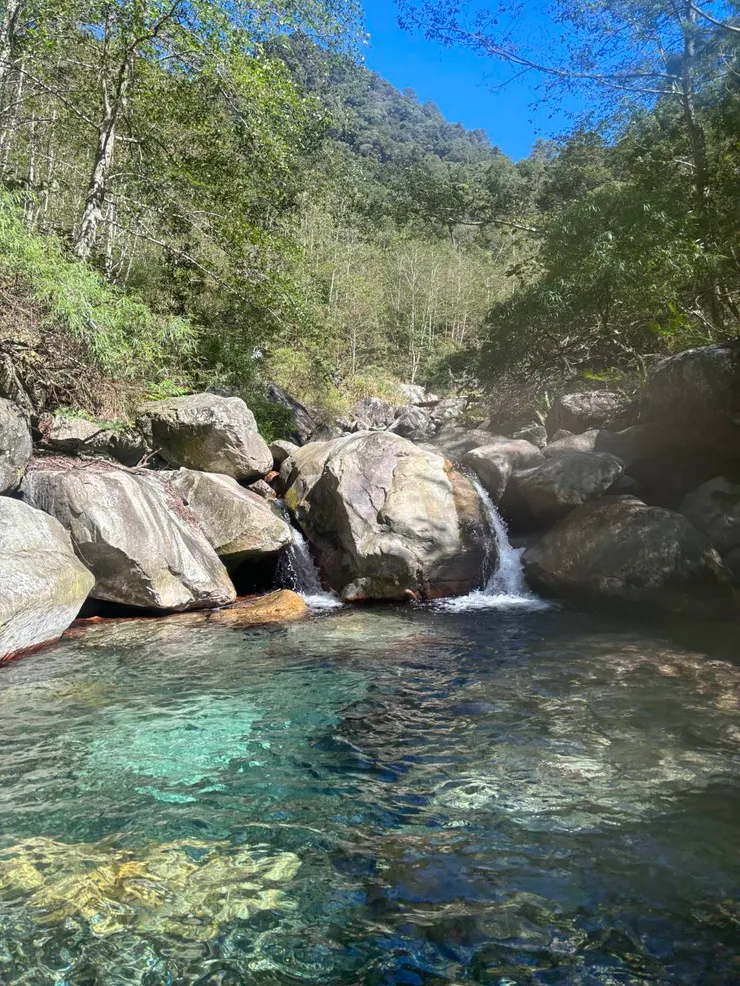 上游碧綠的潭水，決定在此用午餐、玩耍。