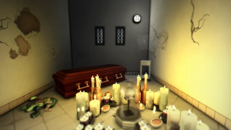 最為詭異的一間房間，擺滿了像是有儀式的房間，棺材本來是給吉娜用的後來換成單人床