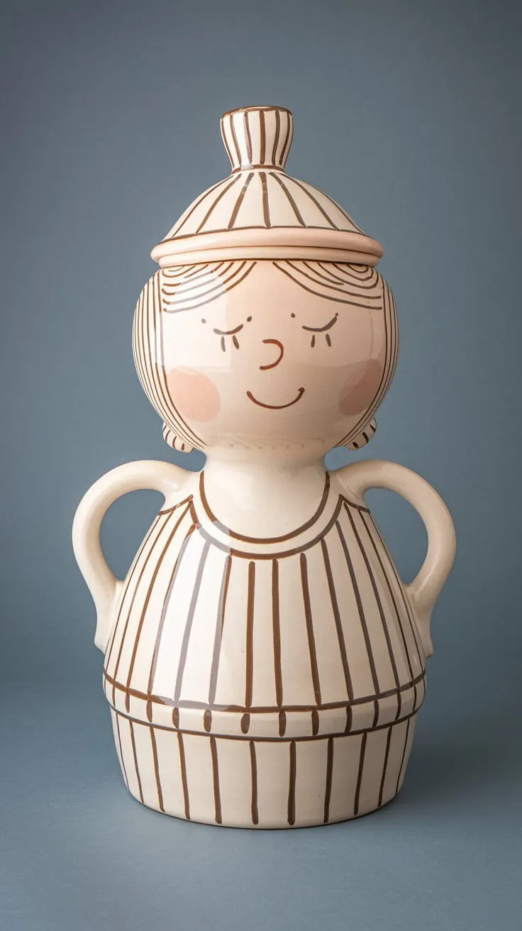 A whimsical, pottery character vase with a lid. The character appears to be a humanoid figure with a round drawing face, closed eyes, and a simple smile. The figure is adorned with a striped hat and a dress with vertical stripes. The character is set against a muted blue background. The overall style of the image is simplistic and cartoonish, with a touch of elegance due to the choice of colors and patterns.