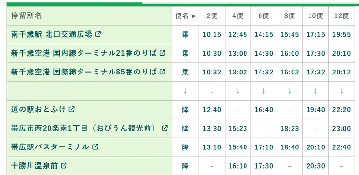機場往帶廣時刻表。圖取自官網