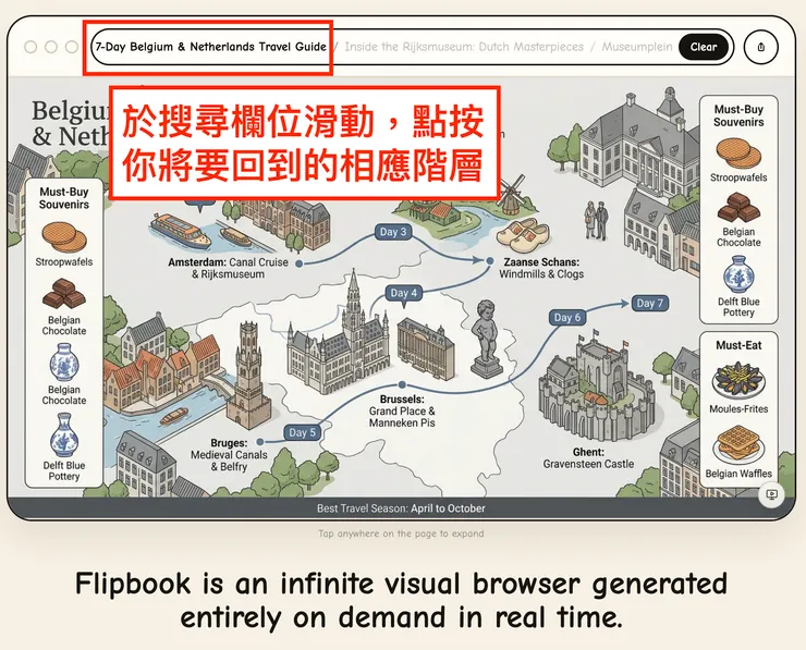 02 如何使用 Flipbook 進行旅遊規劃｜① 輸入提示詞，或者上傳照片｜隨意返回相應階層