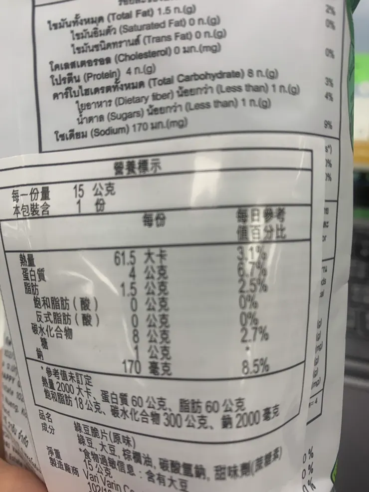 1包20g，只有60大卡，跟一般洋芋片不一樣，含有4g蛋白質，脂肪才1.5g唷