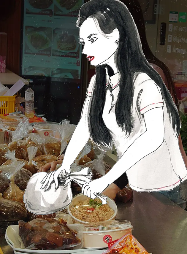 「阿隆師」除了內用與冷凍宅配，門口也販賣當日現做的辦桌菜，一樣是用塑膠袋裝