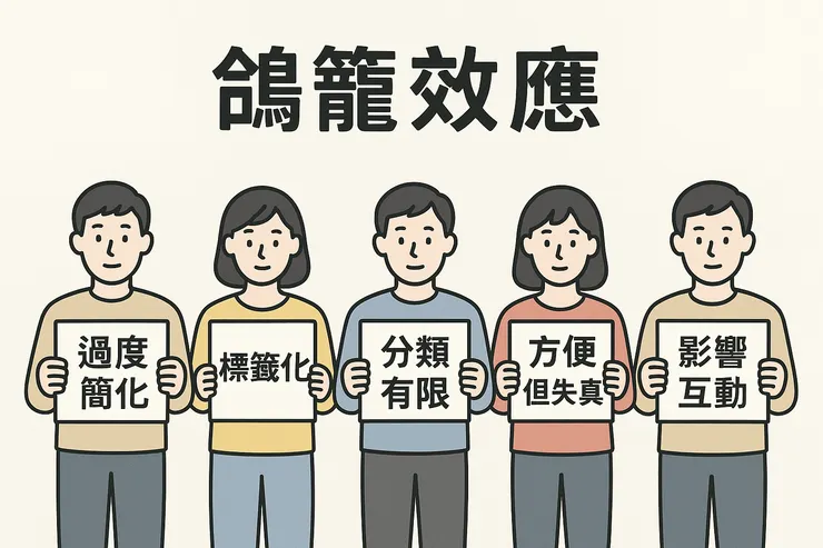 鴿籠效應(Pigeonhole Effect)的核心特徵:有限框架 → 快速分類 → 忽略差異 → 產生偏見。