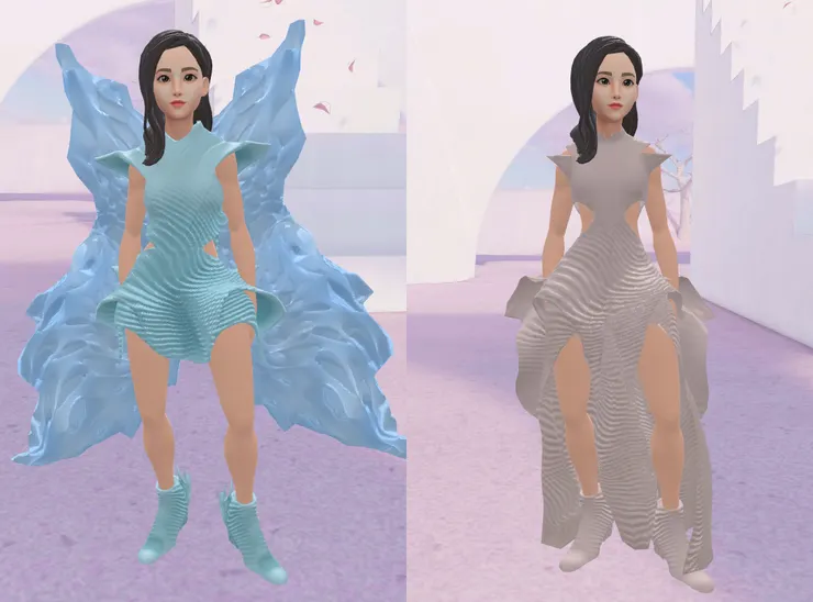 Ready Player Me 女性角色穿上 Yimeng Yu 數位高級訂製服的模樣。