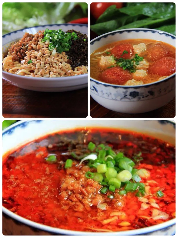 左上圖是乾燃麵，右上圖是成都煎蛋麵，下圖則為傳說中點火會燃的燃麵