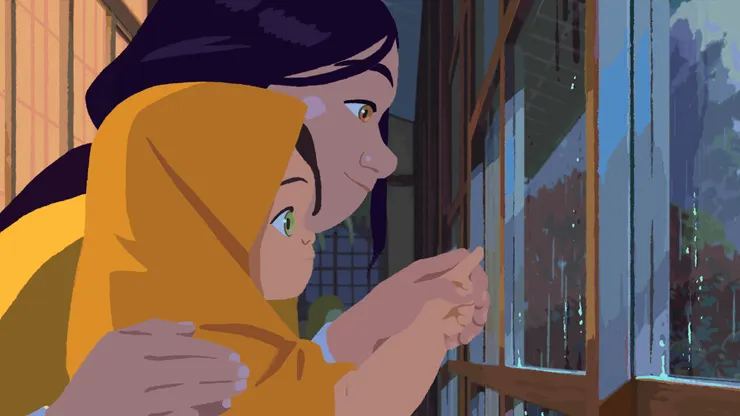 在起霧的玻璃窗上學寫漢字「雨」，是電影中很動人的場景