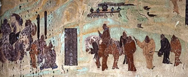 在敦煌莫高窟第323窟北壁上的張騫出使西域圖，唐代初期（618年到714年）繪製