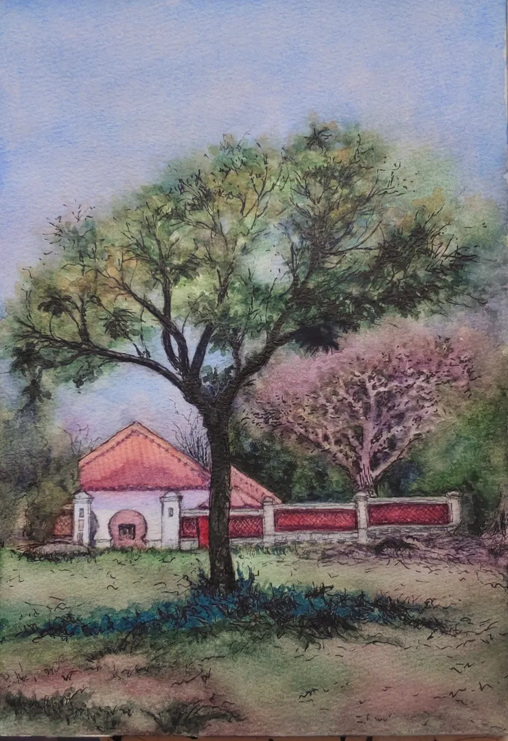 白屋紅牆，八開，代針筆+水彩。前清淡水關稅務司官邸，新北市市定古蹟，又被暱稱為小白宮。