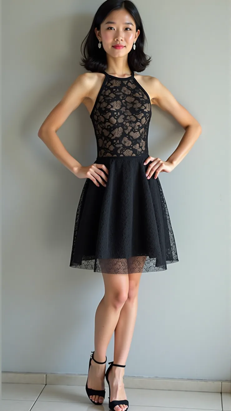 Halter neck lace dress, diamond stud earrings, open-toe heels( 領結蕾絲禮服，鑽石耳釘，露趾高跟鞋 )