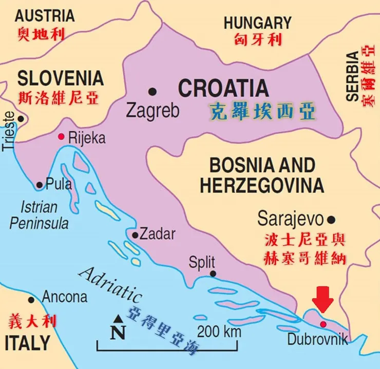 和克羅埃西亞其他國土完全不相連的 Dubrovnik (圖片來源網路)
