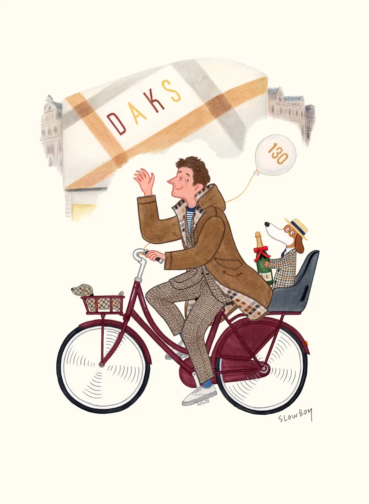 Slowboy以DAKS經典Icon臘腸狗「Max」為主角,換上House Check服裝,賦予了它全新面貌。(圖/DAKS提供)