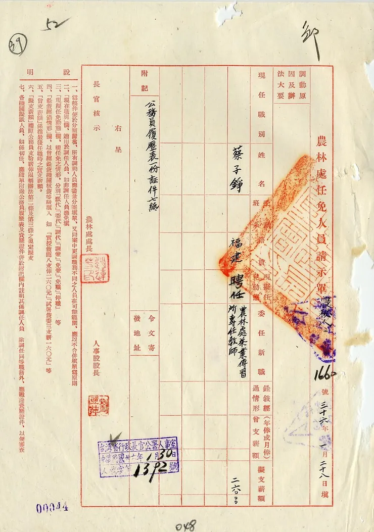 圖4 農林處茶葉傳習所聘請專任講師 案名：農林處人員任免 檔號：0036/032.34/1 來源機關：臺灣省文獻委員會 管有機關：國家發展委員會檔案管理局