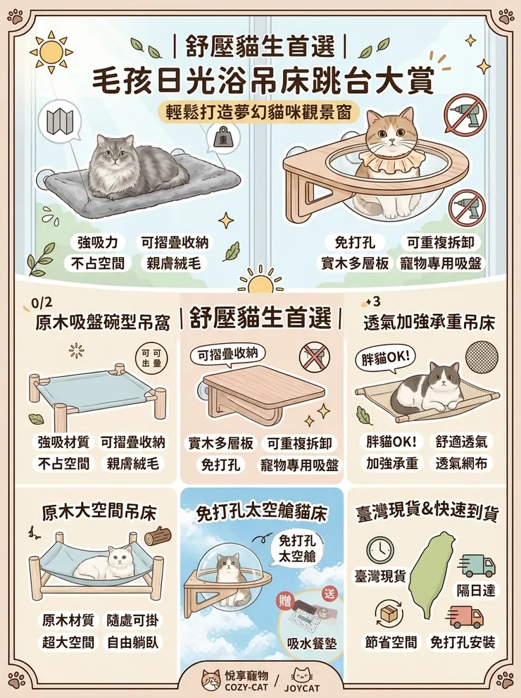 【寵物吊床推薦】拒絕半夜摔落驚魂！Dcard/PTT承重吸盤評比：租屋族/多貓家庭，吸盤貓跳台/折疊貓吊床