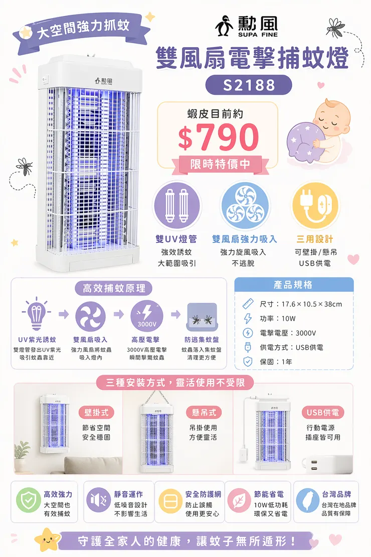 大空間強力抓蚊｜勳風 雙風扇電擊捕蚊燈 S2188