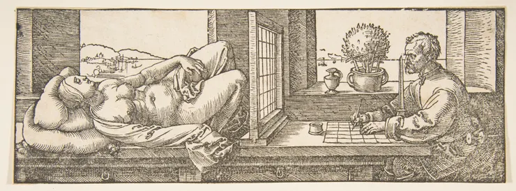 圖&nbsp;7 Albrecht Dürer,&nbsp;Draughtsman Making a Perspective Drawing of a Reclining Woman, 1600, print from woodcut, 7.7x21.4cm, The Metropolitan Museum of Art.&nbsp;