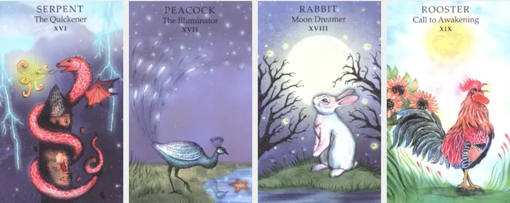 由左至右為龍(塔)-孔雀(星星)-兔子(月亮)-公雞(太陽)