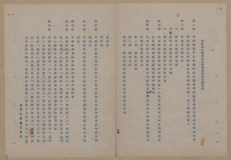 圖5 林產管理委員會組織章程 案名：臺灣省行政長官公署農林處林務局接收書類 檔號：0029/LW2_01/1 來源機關：行政院農業委員會林務局 管有機關：國家發展委員會檔案管理局