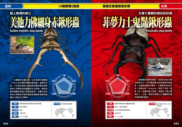 美他力佛細身斥鍬形蟲對上飛夢力士鬼豔鍬形蟲｜《最強戰鬥２：鍬形蟲大王×獨角仙大王超級大戰圖鑑》｜小角落文化出版