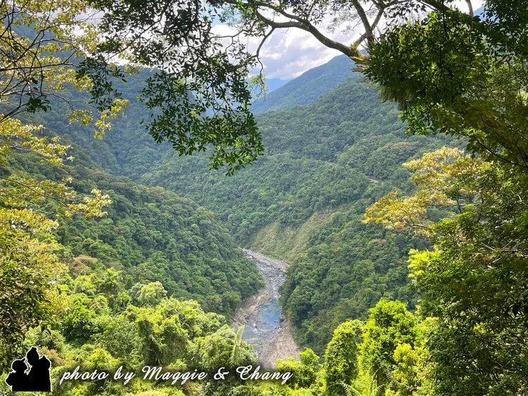 沿著步道走到高處，居高臨下遙望整片山谷，層層疊疊的樹林與山巒盡收眼底，綠意盎然中偶爾閃現白色瀑布水流。站在這裡，清新的山風拂面，心情也隨之放鬆，彷彿整個森林都在眼前展開。