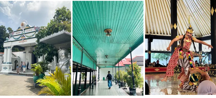 (左)往內院的大門 / (中)外院亭子通透寬敞的走廊 / (右)爪哇舞蹈傳統表演演員。