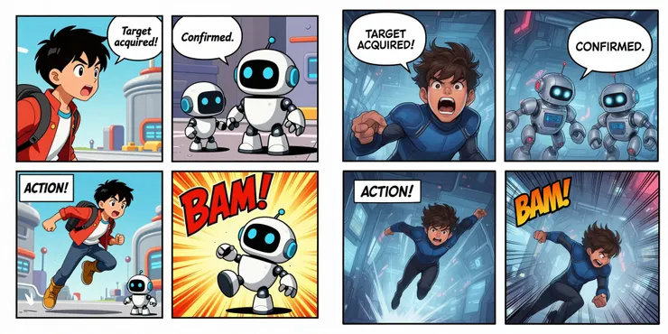 Prompt: A vibrant, detailed four-panel sequential comic strip (manga style) displayed side-by-side. The panels feature a young hero and a small robot in a futuristic setting.  Panel 1 (Top Left): The hero shouts. Speech bubble must clearly read: "Target acquired!"  Panel 2 (Top Right): The robot replies. Speech bubble must clearly read: "Confirmed."  Panel 3 (Bottom Left): The hero leaps. Caption box must clearly read: "ACTION!"  Panel 4 (Bottom Right): The action concludes. Sound effect on the panel must clearly read: "BAM!" (左：Z-Image-Turbo 右：FLUX-2 [dev])