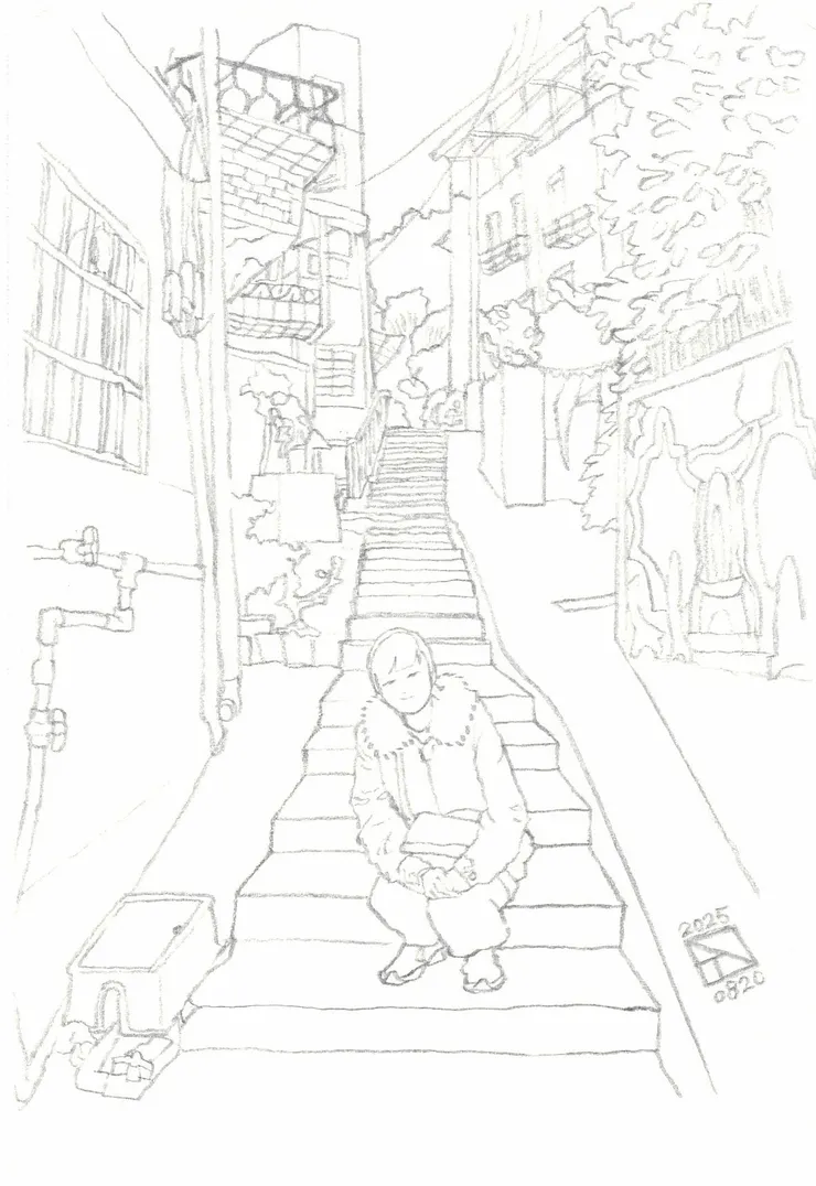 前往基隆許梓桑古厝的階梯 線稿