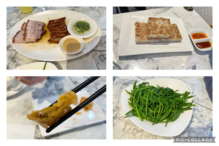 左上脆皮燒肉跟叉燒的拼盤、左下韭黃蝦仁春捲、右上蘿蔔糕、右下雞油炒水蓮。